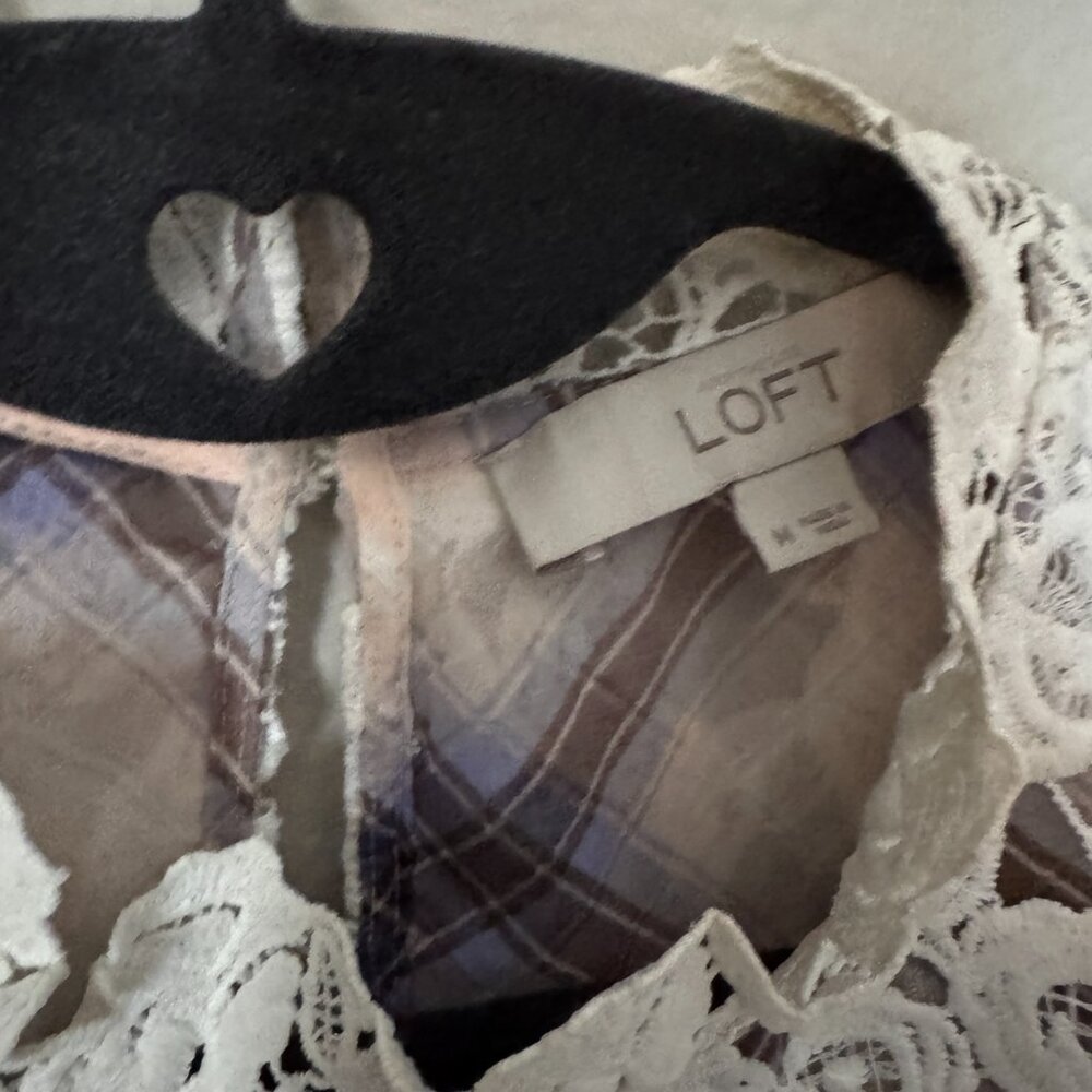 LOFT Medium Sleeveless Plaid Blouse with Lace Yoke Detail, Was $68 - Picture 2 of 5